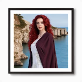 goddess from the future, dark red hair, dark blue eyes, ancient style, model, full body, portrait, 8k resolution, linen outfit, hyperdetailed, greg rutkowski, ancient Greek temple near the sea background Art Print