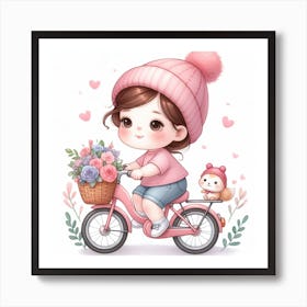 Kawaii Girl Riding A Bike Art Print