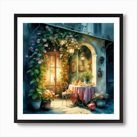 Quiet and attractive dining nook, overgrown flowers, high quality, detailed, highly 3D, elegant carved cart, 3 Art Print