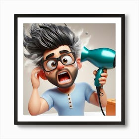 Cartoon Man Blow Drying His Hair Art Print