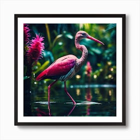 Pink Feathered Bird of the Lush Green Jungle Art Print