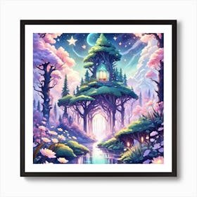 A Fantasy Forest With Twinkling Stars In Pastel Tone Square Composition 149 Art Print