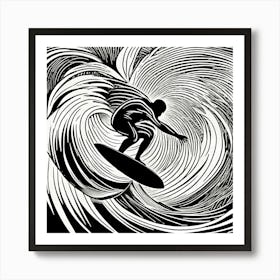 Surfer On A Wave Linocut Black And White Painting, into the water, surfing 3 Art Print