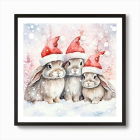 Pastel Pink Watercolor Rabbits Donning Santa Hats Cuddling With A Soft Watercolor Background Of Sno Art Print