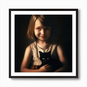 Little Girl With Black Cat Art Print