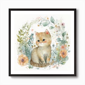 Watercolor Forest Cute Baby Cat Art Print