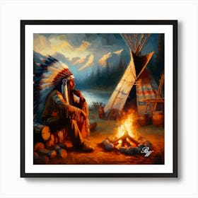 Oil Texture Native American Indian By A Campfire 2 Copy Art Print