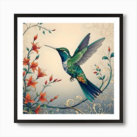 The Hummingbird In The Flowers, Turquoise, Blue and Orange Art Print
