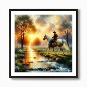 Cowboy Riding Across A Stream 6 Copy Art Print