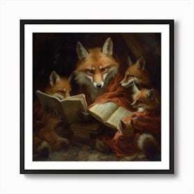Fox Mamma Reading To Her Pups Art Print