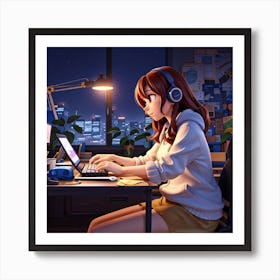 Anime Girl Working At Desk 1 Art Print