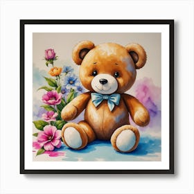 Teddy Bear With Flowers Art Print