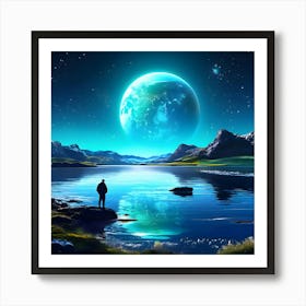 A Glowing Lake On The Planet Moon With A Blue Planet Earth On The Background Faced By Side With Ire(1) Art Print