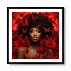 Black Woman With Red Roses And Butterflies 1 Art Print