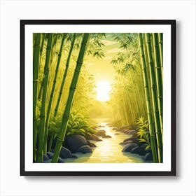 A Stream In A Bamboo Forest At Sun Rise Square Composition 149 Art Print