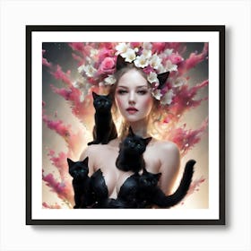 Black Cats And Roses Art Print