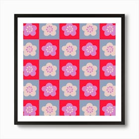 SAKURA CHECKERBOARD Japanese Cherry Blossom Flowers Geometric Checkered Grid in Red Lavender Purple Powder Blue Cream Art Print