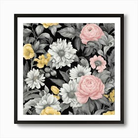 Black And White and coloured Flowers Art Print