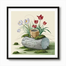 Tulips On A Log Art Print