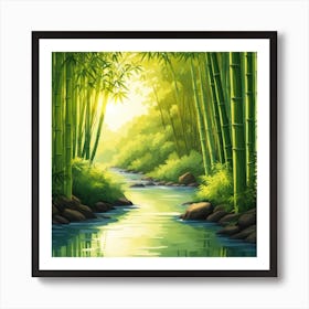 A Stream In A Bamboo Forest At Sun Rise Square Composition 118 Art Print