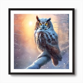 Brown Owl lit by Golden Sunlight in the Falling Snow Art Print