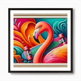 A Radiant Flamingo With A Sparkly Skateboard, Inspired By The Lively And Colorful Paintings Of Frida Kahlo, With A Bright Pink And Orange Palette, Where The Flamingo Is In Focus And The Background Is Blurred Into Vibrant Shapes 1 Art Print