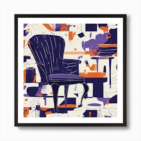 Drew Illustration Of Cup On Chair In Bright Colors, Vector Ilustracije, In The Style Of Dark Navy An (1) Art Print