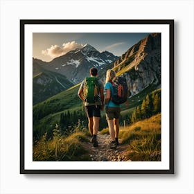 Couple Hiking In The Mountains Art Print