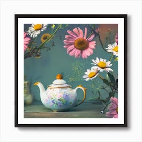 Sage Print, Teapot with Daisies for Dining Room or Kitchen by Lisa de Art Print