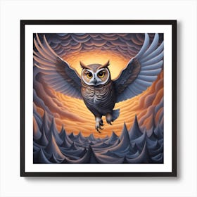 Owl In Flight Against A Backdrop Of Surreal Twisting Forms That Create The Illusion Of A Nighttime Journey Through A Dreamscape Art Print