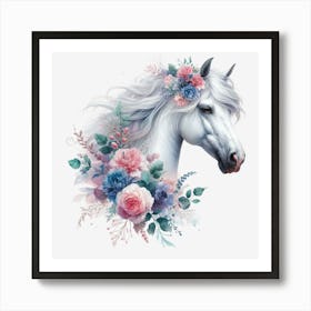 White Horse With Flowers 3 Art Print