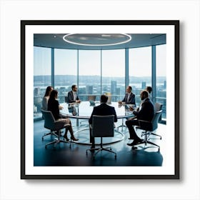 Business Team In Mid Strategizing Session Seated Around A Sleek Oval Glass Table Reflecting Ambien (3) Art Print