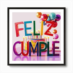 Feliz cumple and Feliz cumpleaños sign means Happy Birthday in Spanish language, Birthday party celebration gift with birthday cake candle colorful balloons best congratulation over light background wall artFeliz Cumple 9 Art Print