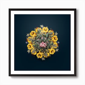 Vintage Azalea Flower Wreath on Teal Blue n.1594 Art Print