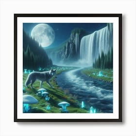 Wolf Next to Waterfall River Art Print
