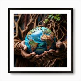 A Hand Of Earthy Brown Weaves Cradling A Detailed Miniature Globe Veins And Tendons Popping Against (2) Art Print