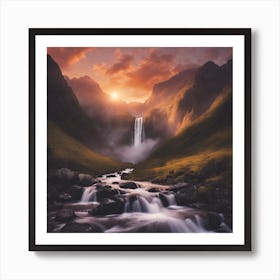 Waterfall At Sunset 1 Art Print