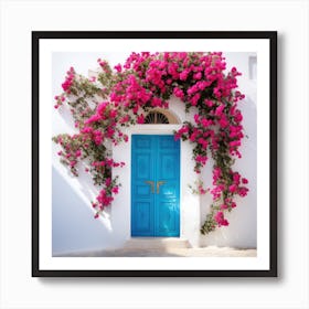 Blue Door With Pink Flowers Art Print