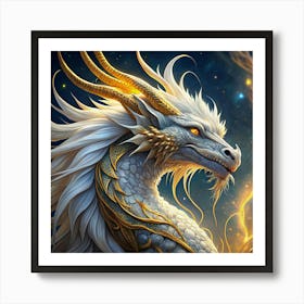 White Dragon With Golden Accents Art Print