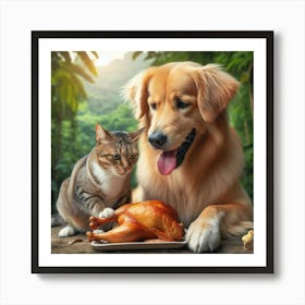 Golden Retriever And Cat With Chicken Art Print