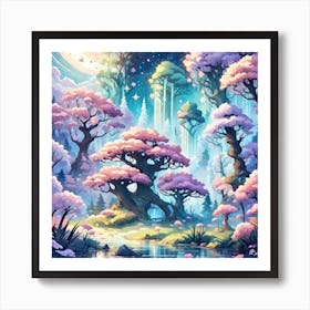 A Fantasy Forest With Twinkling Stars In Pastel Tone Square Composition 251 Art Print