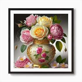 Antique fuchsia jar filled with purple roses, willow and camellia flowers Art Print