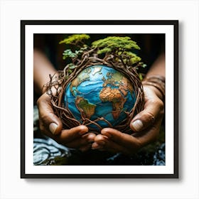 A Hand Of Earthy Brown Weaves Cradling A Detailed Miniature Globe Veins And Tendons Popping Against Art Print