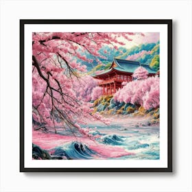 A stunningly vibrant watercolor illustration of a serene Japanese landscape featuring cherry blossoms. The foreground shows a river with gentle waves reflecting the pink hues of the blossoms. Art Print