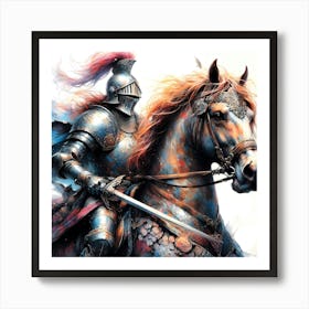 Knight On A Horse Playful Color Splash Drawing Art Print