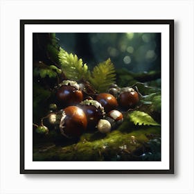 Autumnal Woodland with Conkers, Ferns and Moss Art Print