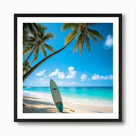 A Sunny Beach In A Tropical Paradise Palm Trees Bending Slightly Above The Turquoise Waters Edge (1) Art Print