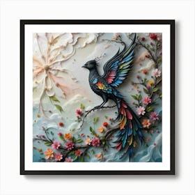 A dark fantasy bird majestically perched on a branch, its delicate wings intricately crafted from layered paper, shimmering with a mesmerizing dance of dark and colorful hues Art Print