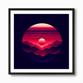 Title: "Vermilion Eclipse: The Vibrance of Dusk"  Description: "Vermilion Eclipse" is an art piece that captures the intense and mesmerizing moment of sunset, where the sky meets the sea. The image is a study in the power of color and geometry, featuring a rich vermilion sun descending into the layered folds of a stylized ocean. The use of radiant reds and deep purples creates a sense of depth and drama, as if the viewer is witnessing the last fiery embrace of the sun before nightfall. The circular vignette frames the scene, focusing the eye on the sun's spherical form and the silhouette of the waves. This piece conveys the passion and tranquility of the evening's approach, making it an impactful statement in any space that seeks to capture the romance and mystery of the twilight hour. Art Print