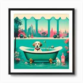 Dog In Bath Retro Futuristic Art Print